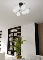 Plafondlamp Boston gepoedercoat staal en glas, zwart met witte kappen, 6 lichts, 70 x 37 cm