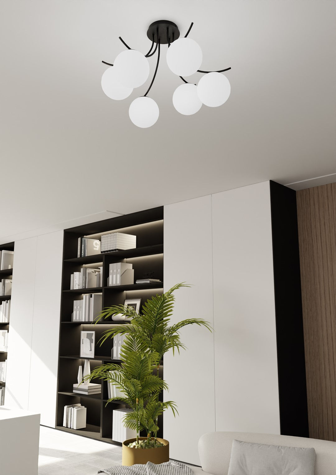 Plafondlamp Boston gepoedercoat staal en glas, zwart met witte kappen, 6 lichts, 70 x 37 cm