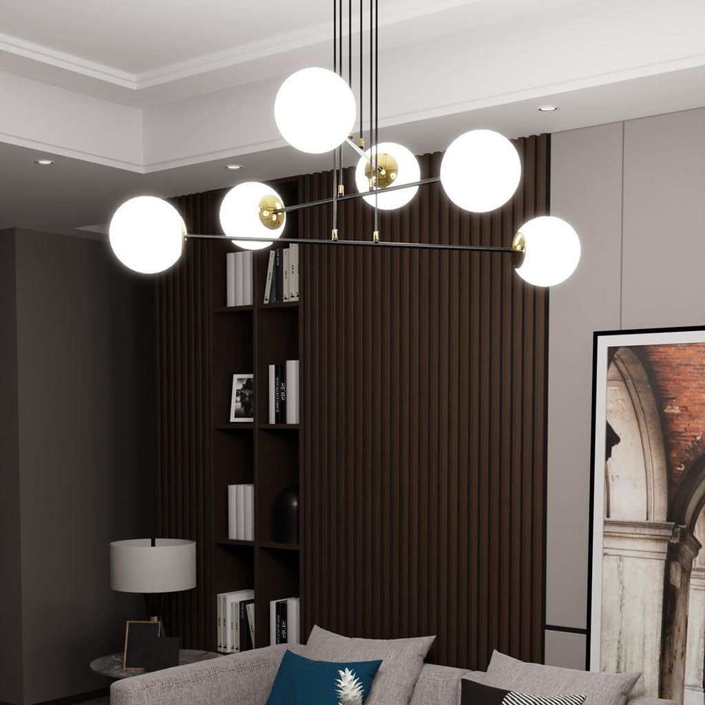 Hanglamp gepoedercoat staal en glas Ognis, zwart met witte glazen kappen, 6 lichtpunten, E27, eettafel en hal