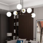 Hanglamp gepoedercoat staal en glas Ognis, zwart met witte glazen kappen, 6 lichtpunten, E27, eettafel en hal