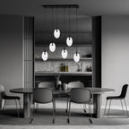 Hanglamp gepoedercoat staal en glas, modern Astral, zwart met transparante kappen, 70 x 100 cm, 6 lichts