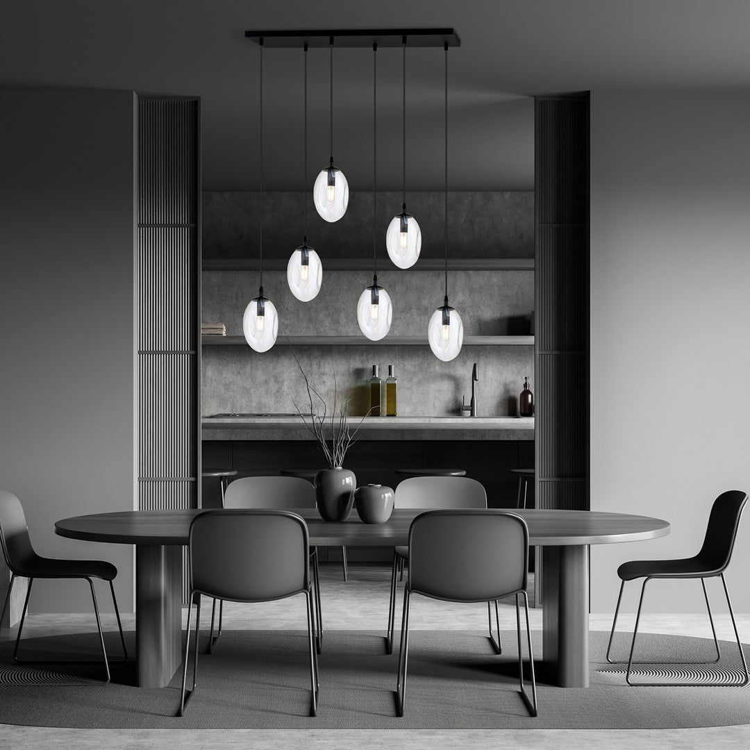 Hanglamp gepoedercoat staal en glas, modern Astral, zwart met transparante kappen, 70 x 100 cm, 6 lichts