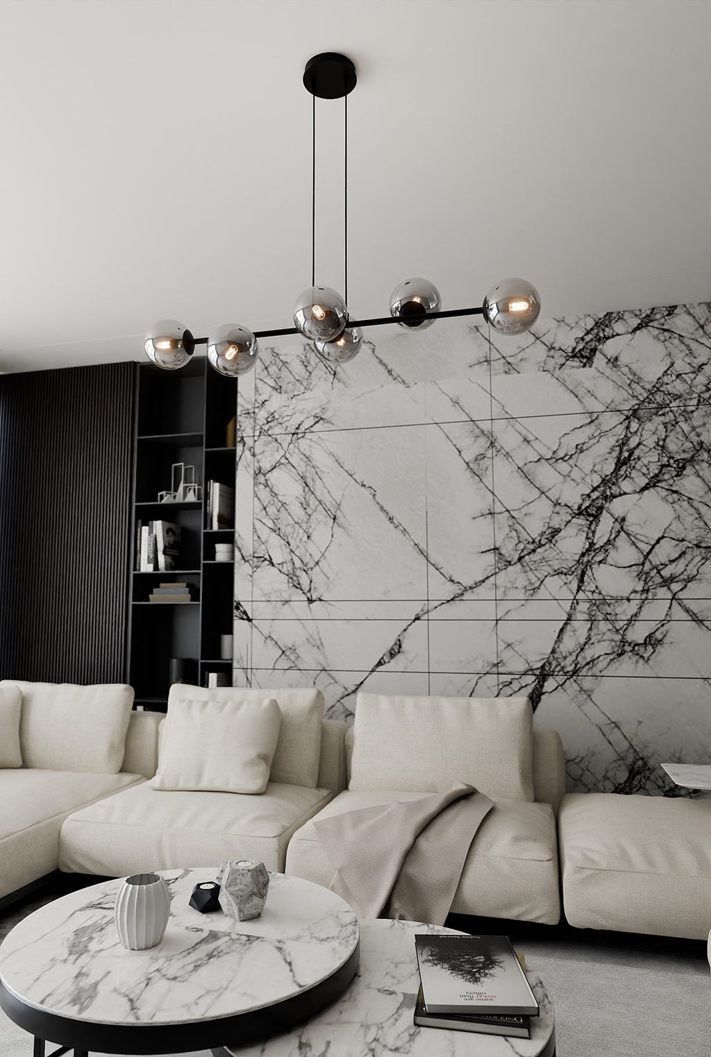 Hanglamp staal en glas Rossi zwart met grafiet glazen kappen 110 cm, 6 lichts, voor eettafel en woonkamer