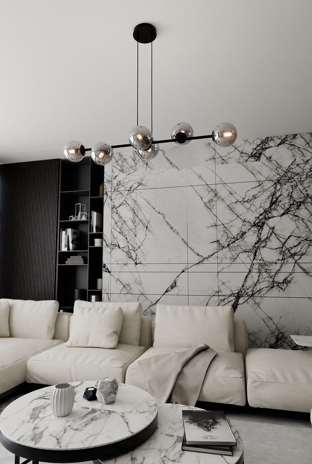 Hanglamp staal en glas Rossi zwart met grafiet glazen kappen 110 cm, 6 lichts, voor eettafel en woonkamer