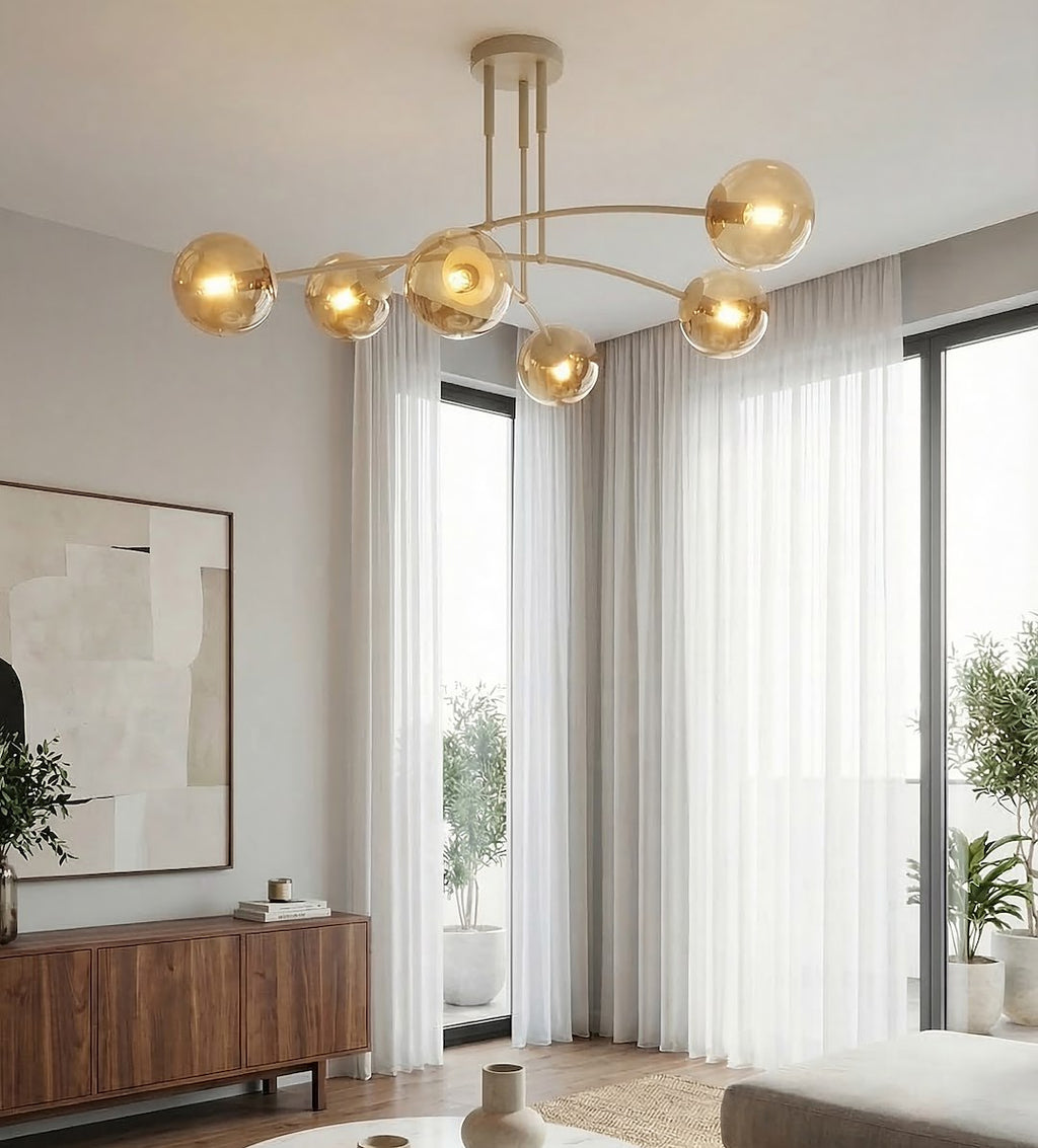 Plafondlamp gepoedercoat staal modern Pregos beige met amberkleurig glas, 6 lichtpunten E14 – 70 x 60 cm