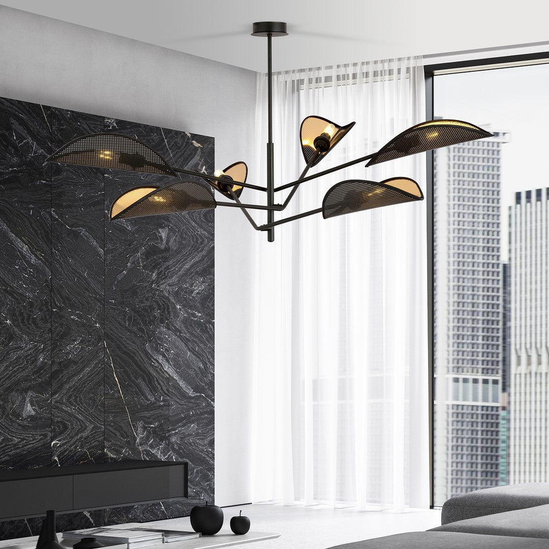Plafondlamp gepoedercoat staal Vene zwart en goud 102 x 51 cm, 6 fittingen E14, woonkamer en slaapkamer