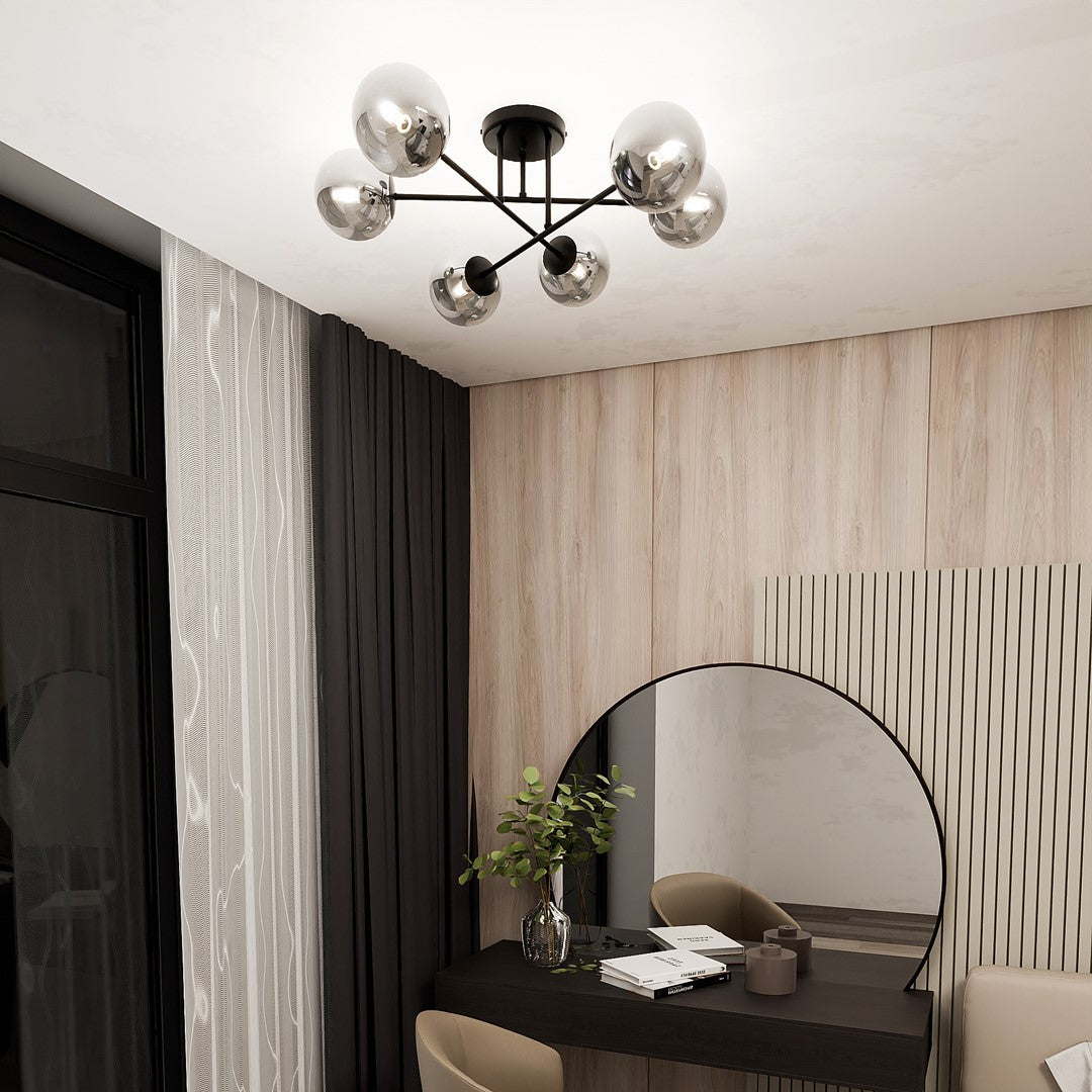 Plafondlamp gepoedercoat staal en glas Roma, zwart met grafiet glazen kappen, 6 lichts E14, 75 cm breed
