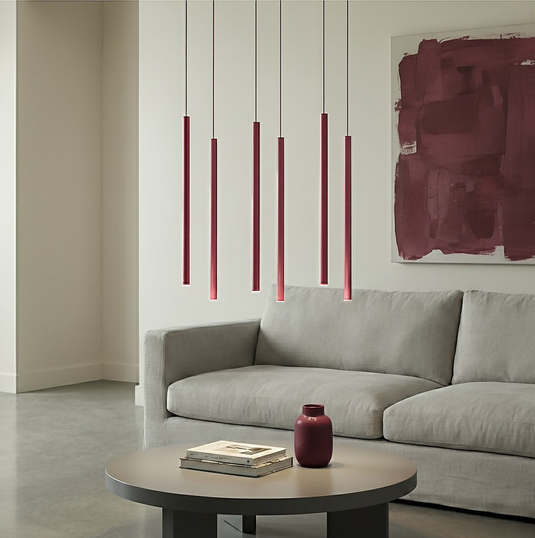 Hanglamp Selter 6 lichts gepoedercoat staal modern bordeaux, 6 fittingen G9, verstelbare hoogte