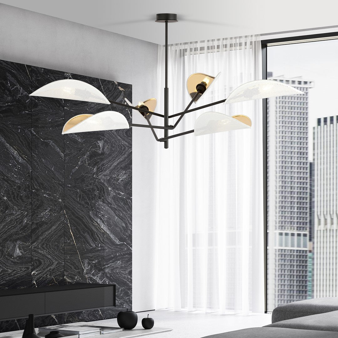 Plafondlamp gepoedercoat staal Vene wit en goud, 6 lichts, bladvormige kappen, woonkamer en slaapkamer