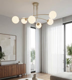 Plafondlamp gepoedercoat staal en glas, modern, beige met witte glazen kappen, 6 lichtpunten, 70 x 60 cm