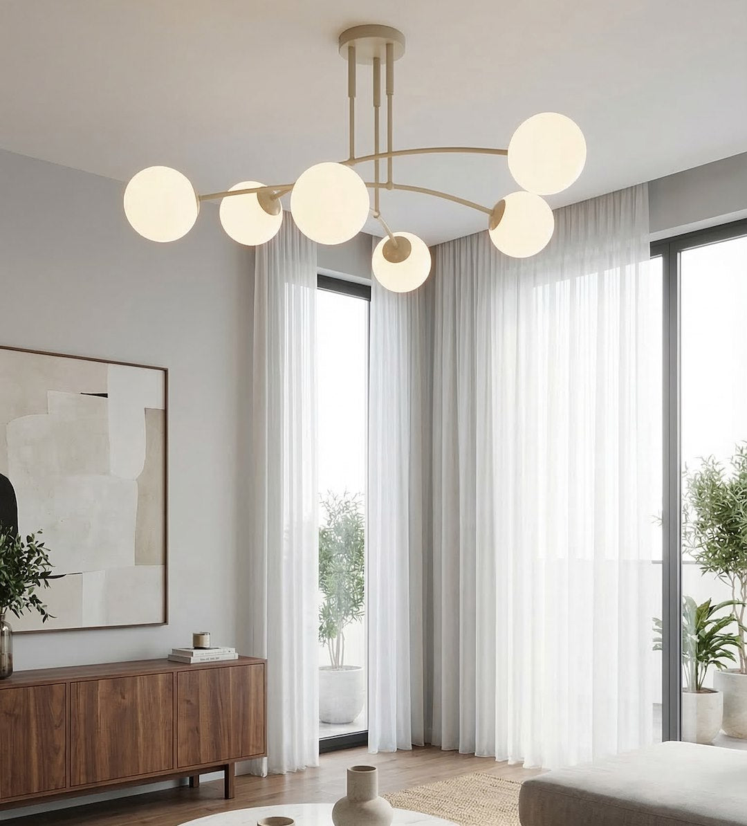 Plafondlamp gepoedercoat staal en glas, modern, beige met witte glazen kappen, 6 lichtpunten, 70 x 60 cm