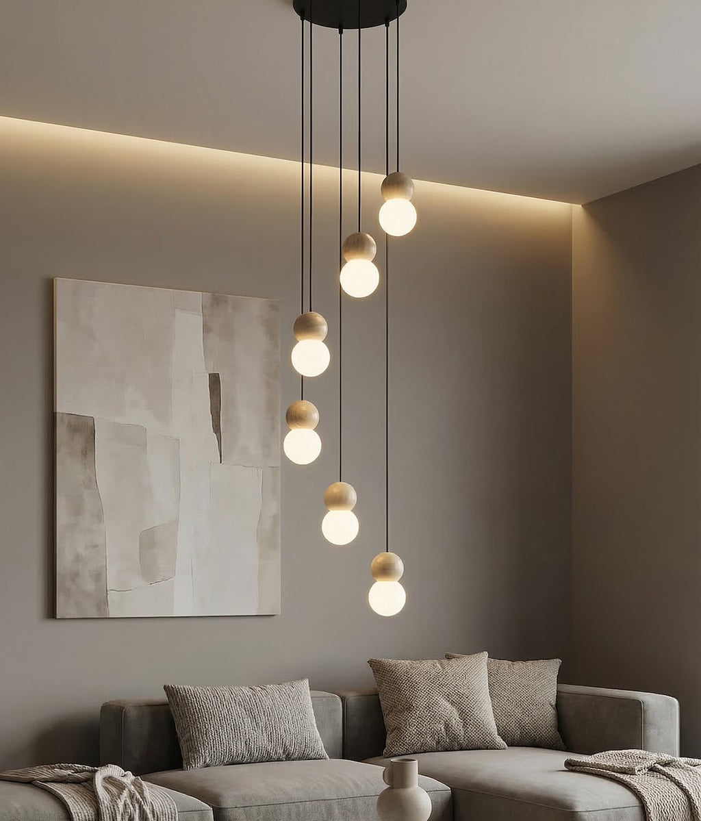 Hanglamp gepoedercoat staal en hout Loop, Scandinavisch zwart, 6 fittingen G9, witte kap Ø 10 cm, eettafel