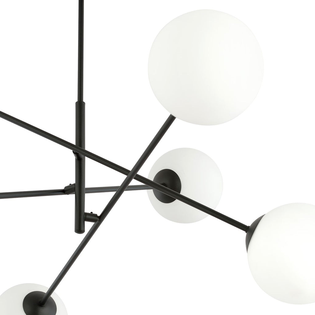 Hanglamp 6 lichts gepoedercoat staal en glas, modern, zwart met wit opaal glas, 102 x 51 cm, eettafel en keuken