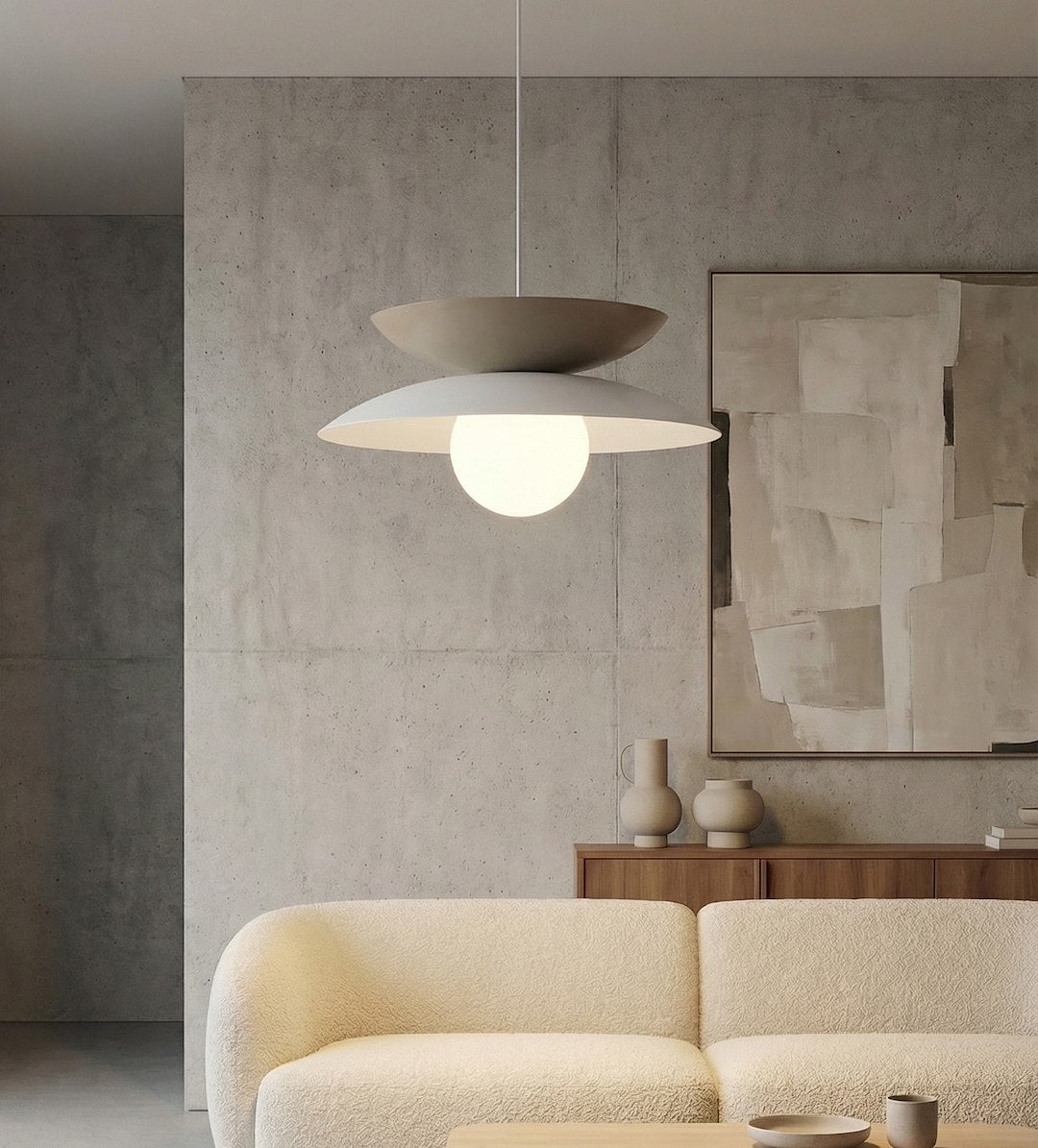 Hanglamp gepoedercoat staal en glas, Scandinavisch Nagoya, beige en wit, 41 x 41 cm, voor eettafel en slaapkamer