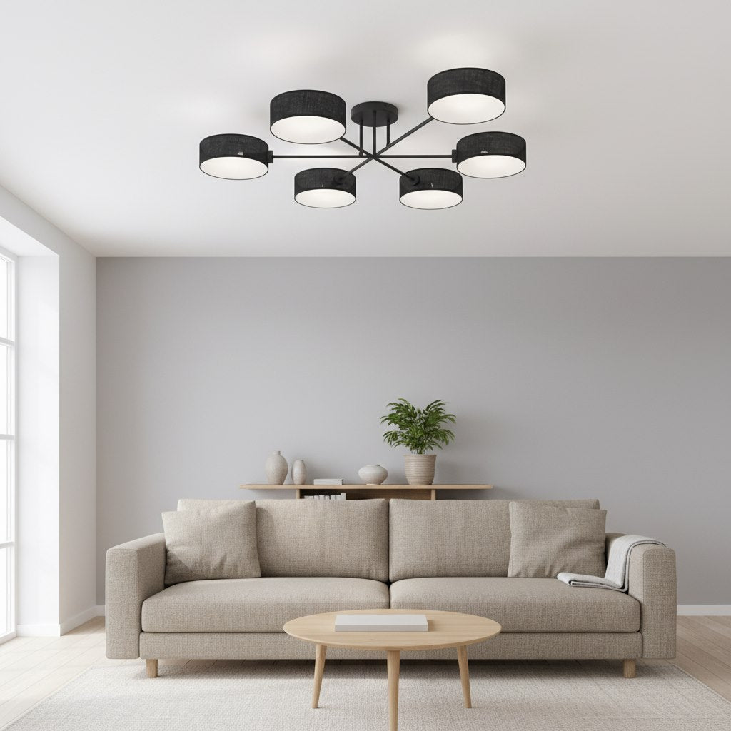Plafondlamp gepoedercoat staal Japandi zwart met 6 lampenkappen, 105 x 105 x 22 cm, woonkamer en eetkamer