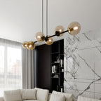 Hanglamp gepoedercoat staal en glas Rossi, zwart met amber glas, 6 lichts, 110 x 100 cm, woonkamer en eetkamer