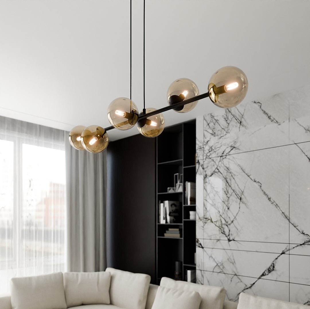 Hanglamp gepoedercoat staal en glas Rossi, zwart met amber glas, 6 lichts, 110 x 100 cm, woonkamer en eetkamer