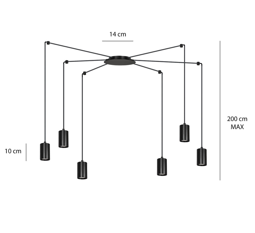 Hanglamp gepoedercoat staal Traker zwart, 6 lichts met GU10-fittingen, verstelbare hoogte, modern