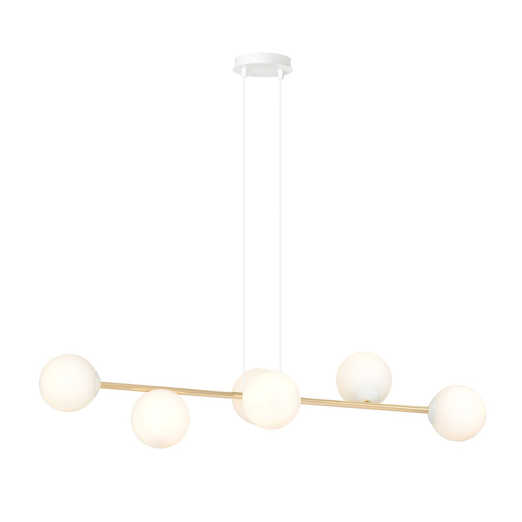 Hanglamp Gravity gepoedercoat staal en glas wit met goud, 6 lichtpunten, 110 x 100 cm, eettafel en woonkamer