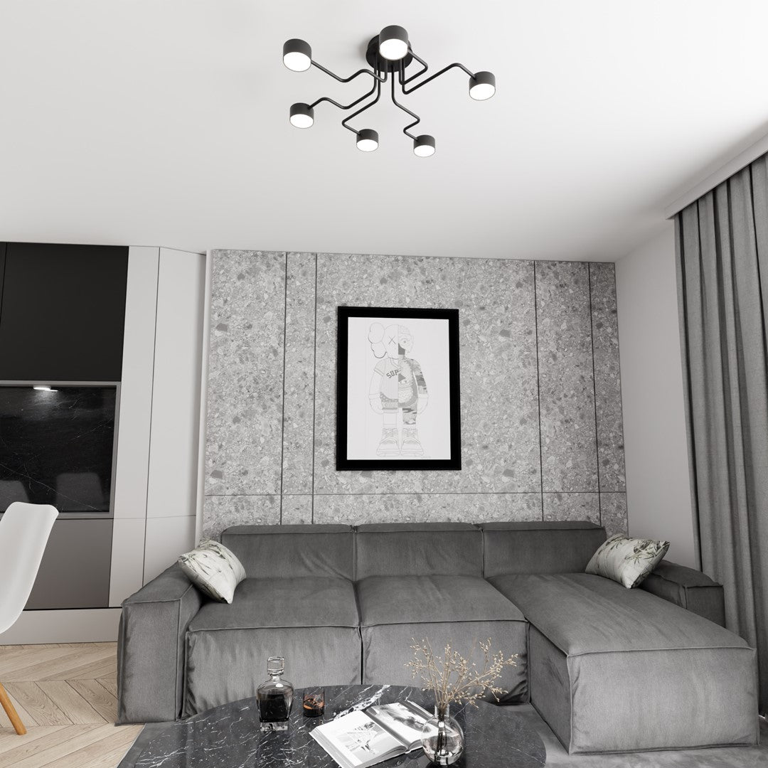 Plafondlamp staal modern Kurage zwart 60 x 60 cm, 6 lichtpunten met Gx53-fitting voor woonkamer en eetkamer