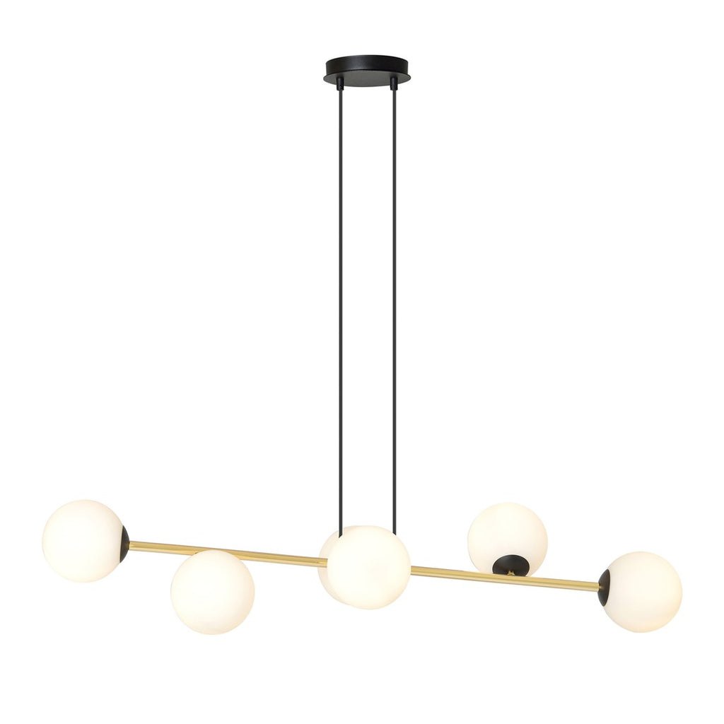 Hanglamp gepoedercoat staal en glas Gravity, zwart met goud en witte glazen kappen, 6 lichts, 110 cm breed