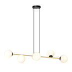 Hanglamp gepoedercoat staal en glas Gravity, zwart met goud en witte glazen kappen, 6 lichts, 110 cm breed