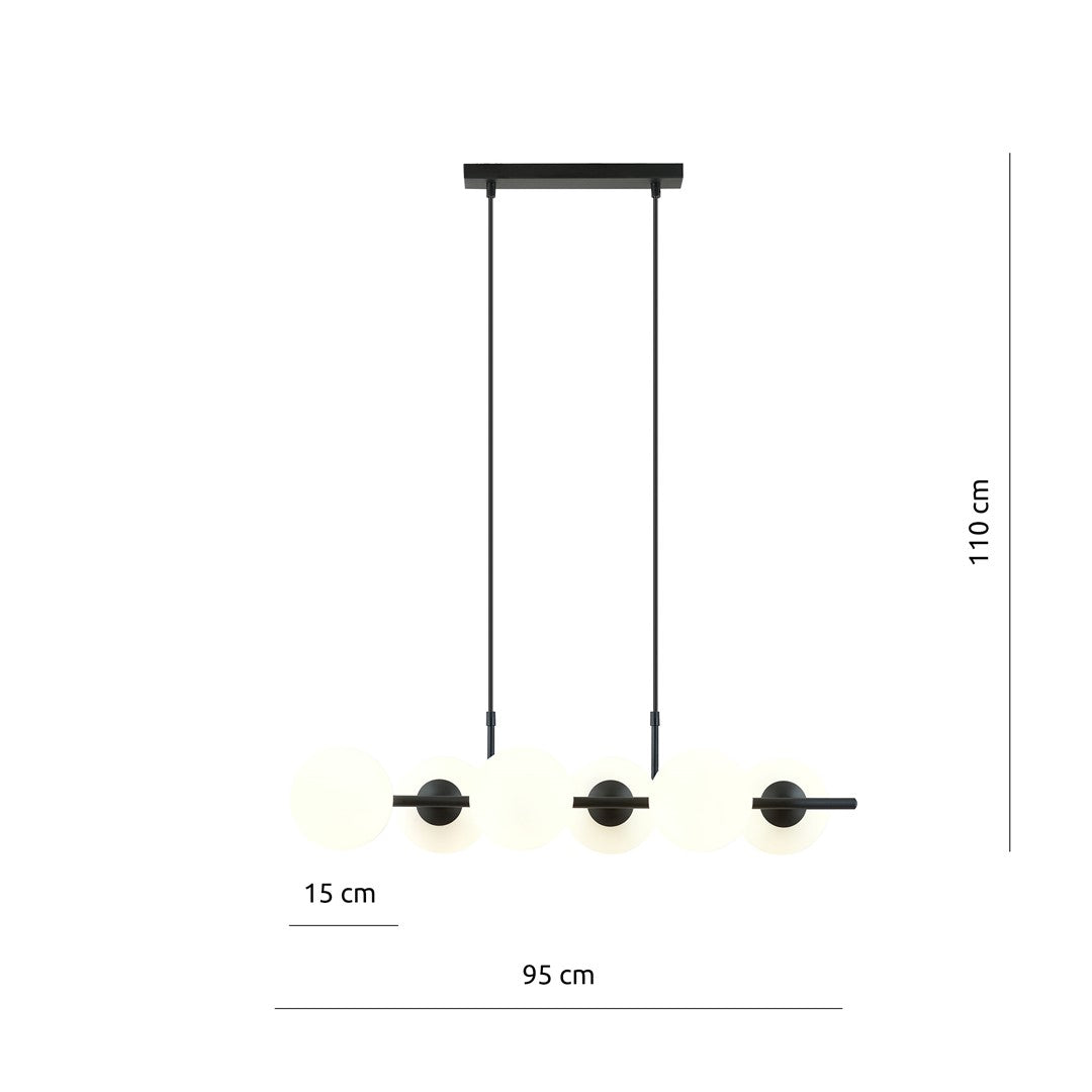 Hanglamp gepoedercoat staal modern Rory 6 zwart met witte glazen kappen, 95 x 110 cm, eettafel en kookeiland