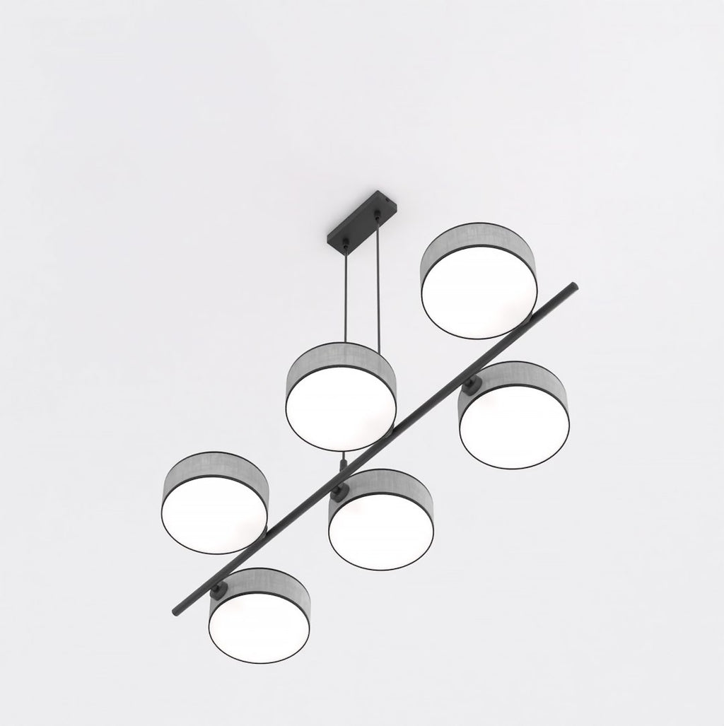 Hanglamp gepoedercoat staal Japandi Drumz grijs, 6 lichts, 100 x 46 x 120 cm, eettafel en keukeneiland