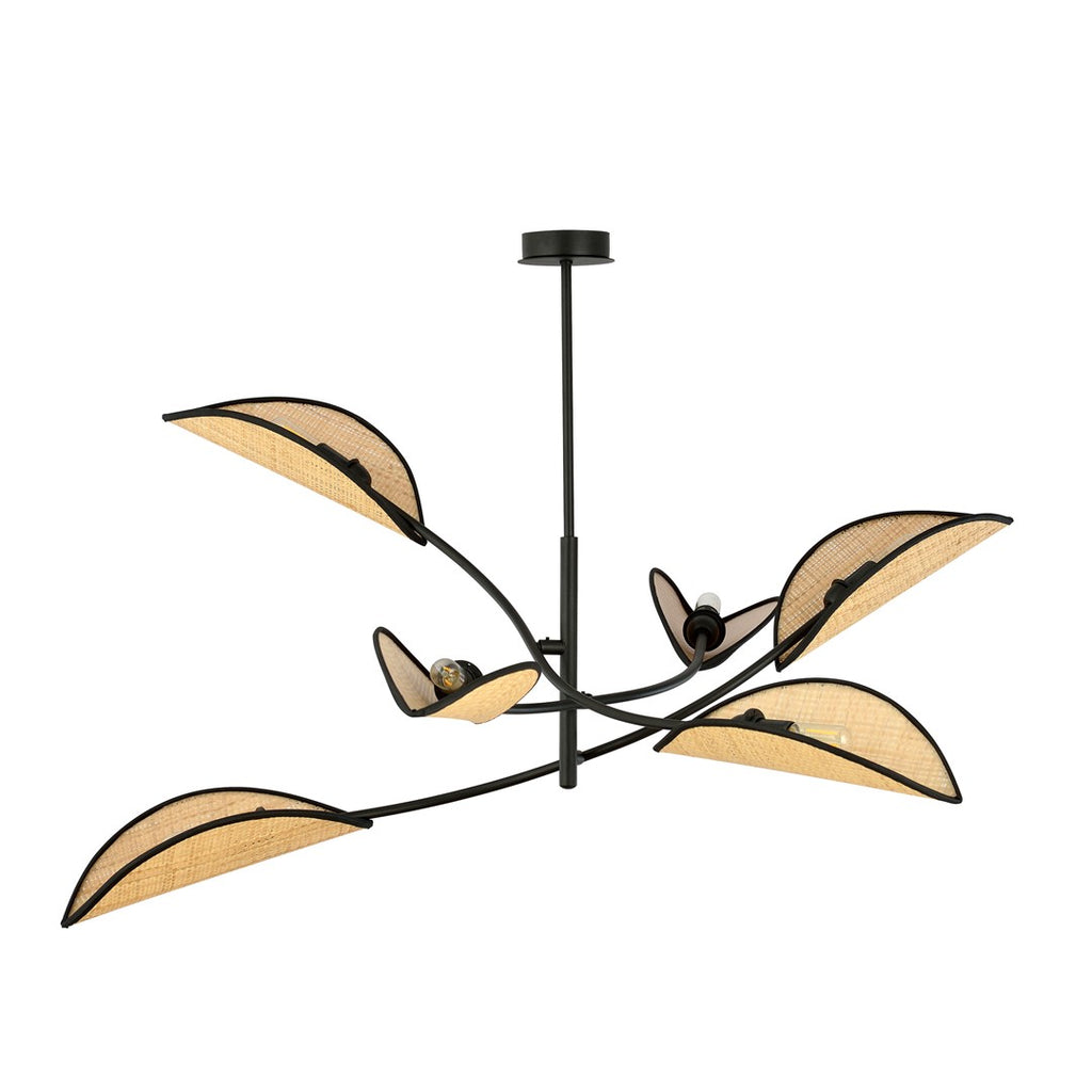 Plafondlamp Lotus gepoedercoat staal en rotan, boho, zwart met naturel kappen, 6 lichtpunten, 102 x 51 cm