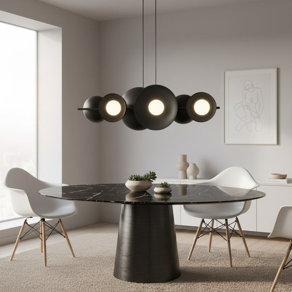 Hanglamp gepoedercoat staal minimalistisch Volum 6 zwart met witte lampenkappen, 6 lichtpunten, 100 cm breed
