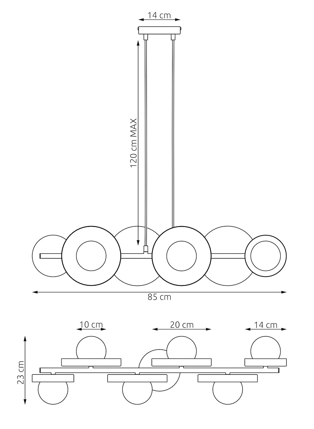 Hanglamp gepoedercoat staal minimalistisch Model 6 mokka, 85 x 23 x 120 cm, 6 x G9, hoogte verstelbaar