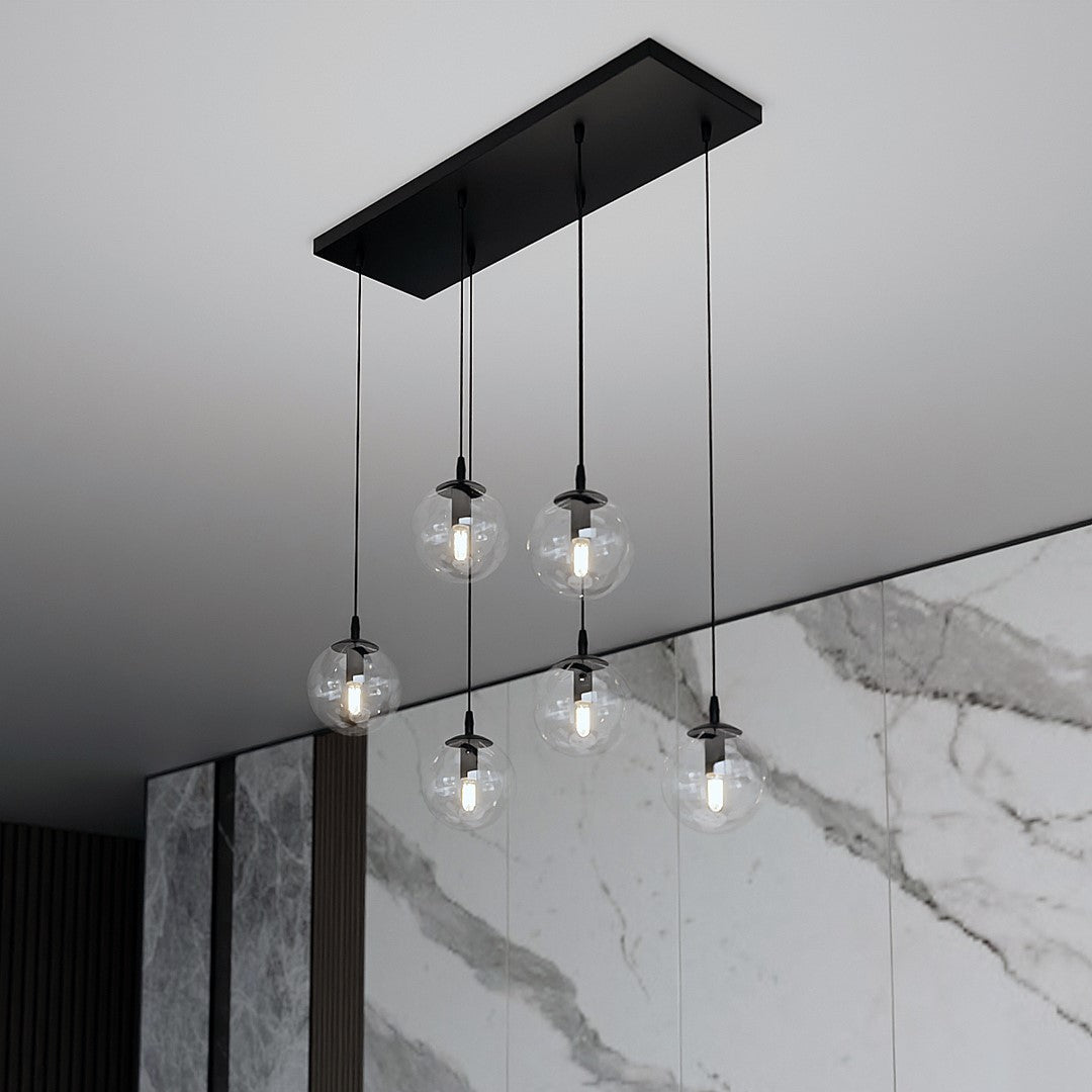 Hanglamp gepoedercoat staal en glas, modern Cosmo, zwart met transparante kappen, 6 lichts, 65 x 120 cm