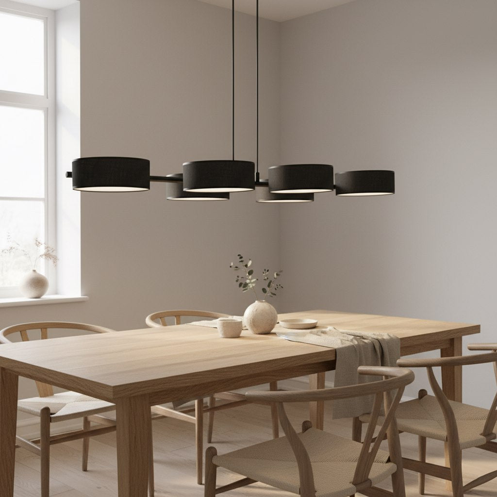 Hanglamp Drumz gepoedercoat staal zwart, 6 kappen Ø 20 cm, 100 x 46 cm, eettafel en keukeneiland