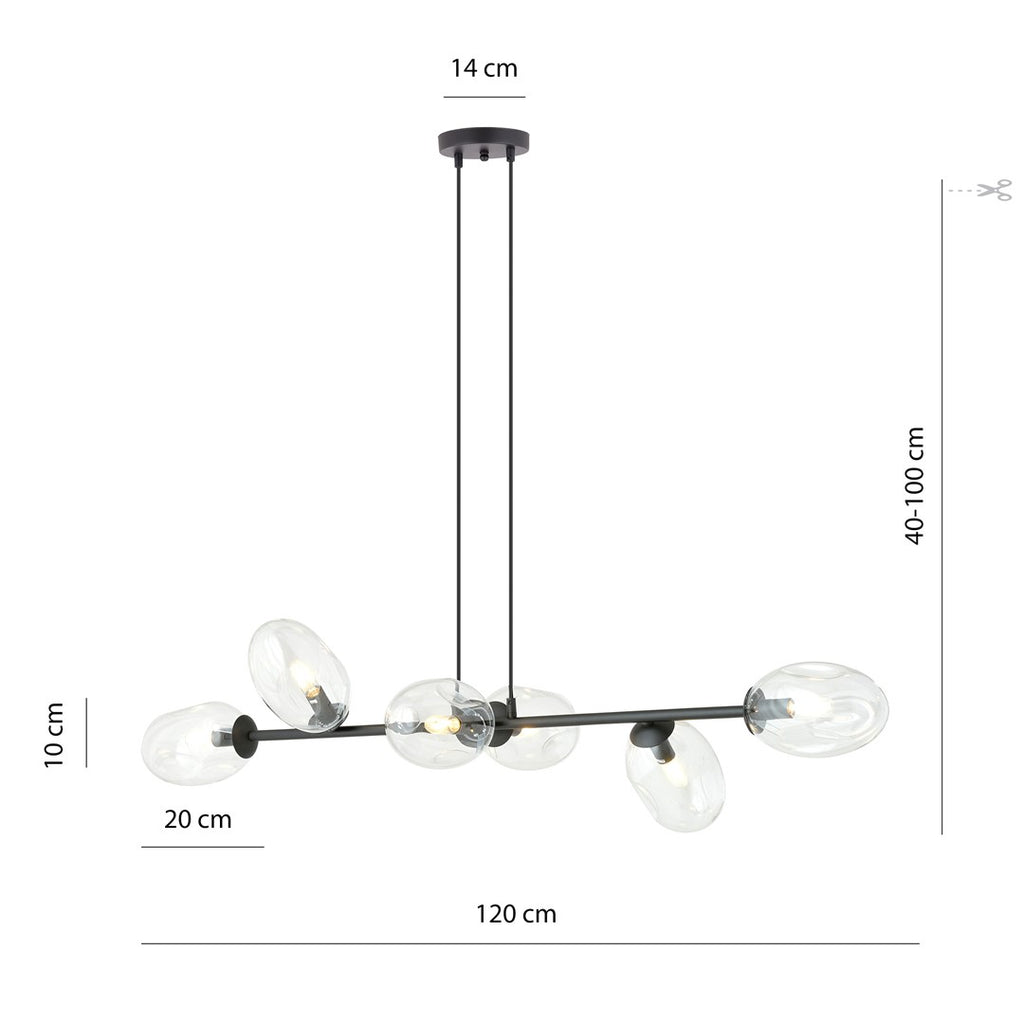 Hanglamp staal en glas Pandora zwart met transparante glazen kappen, 6 lichts, 120 x 100 cm, verstelbaar