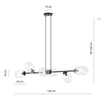 Hanglamp staal en glas Pandora zwart met transparante glazen kappen, 6 lichts, 120 x 100 cm, verstelbaar