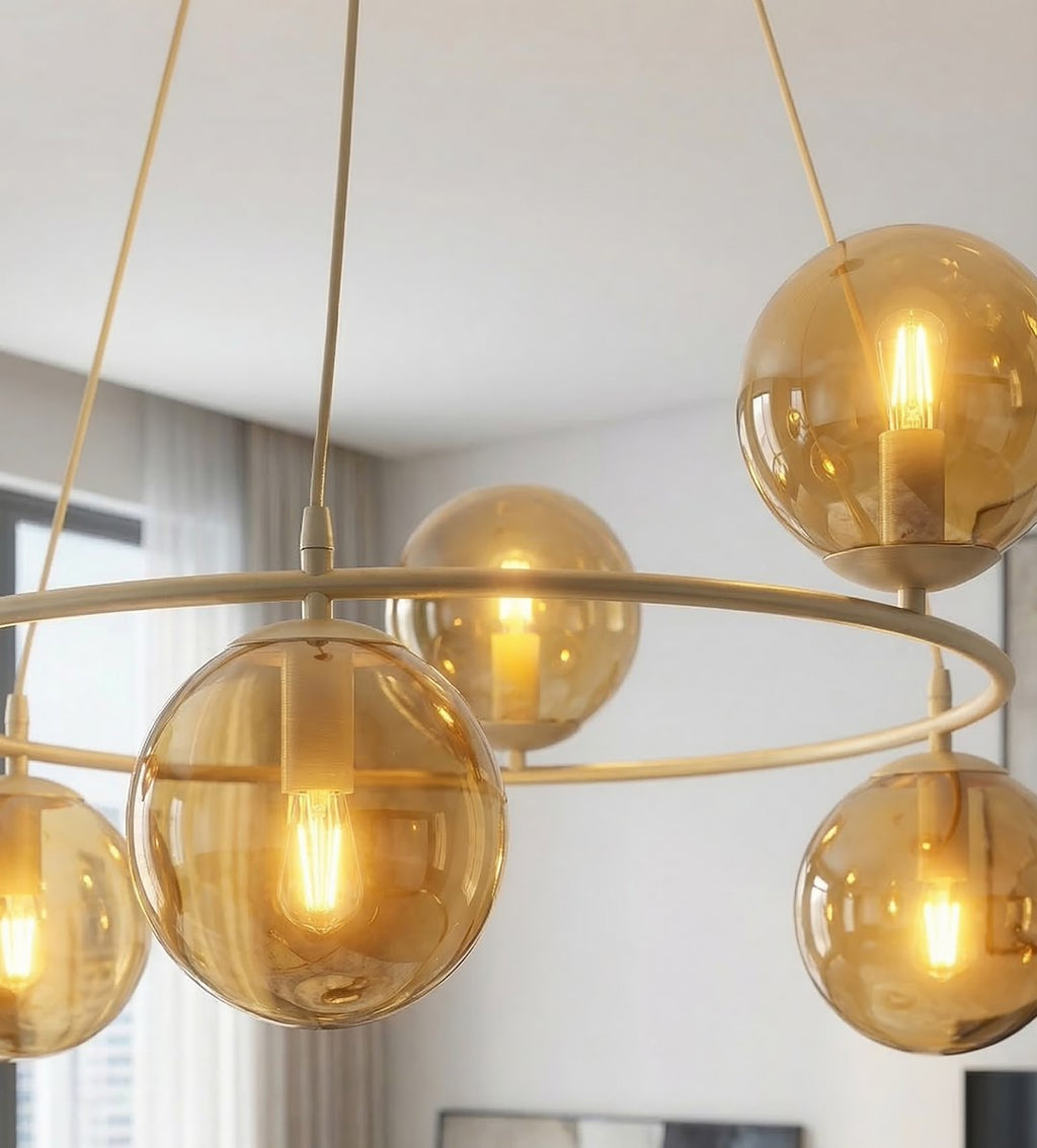 Hanglamp gepoedercoat staal en glas Azura, beige met amberkleurige glazen bollen, 6 lichts, 75 x 75 cm