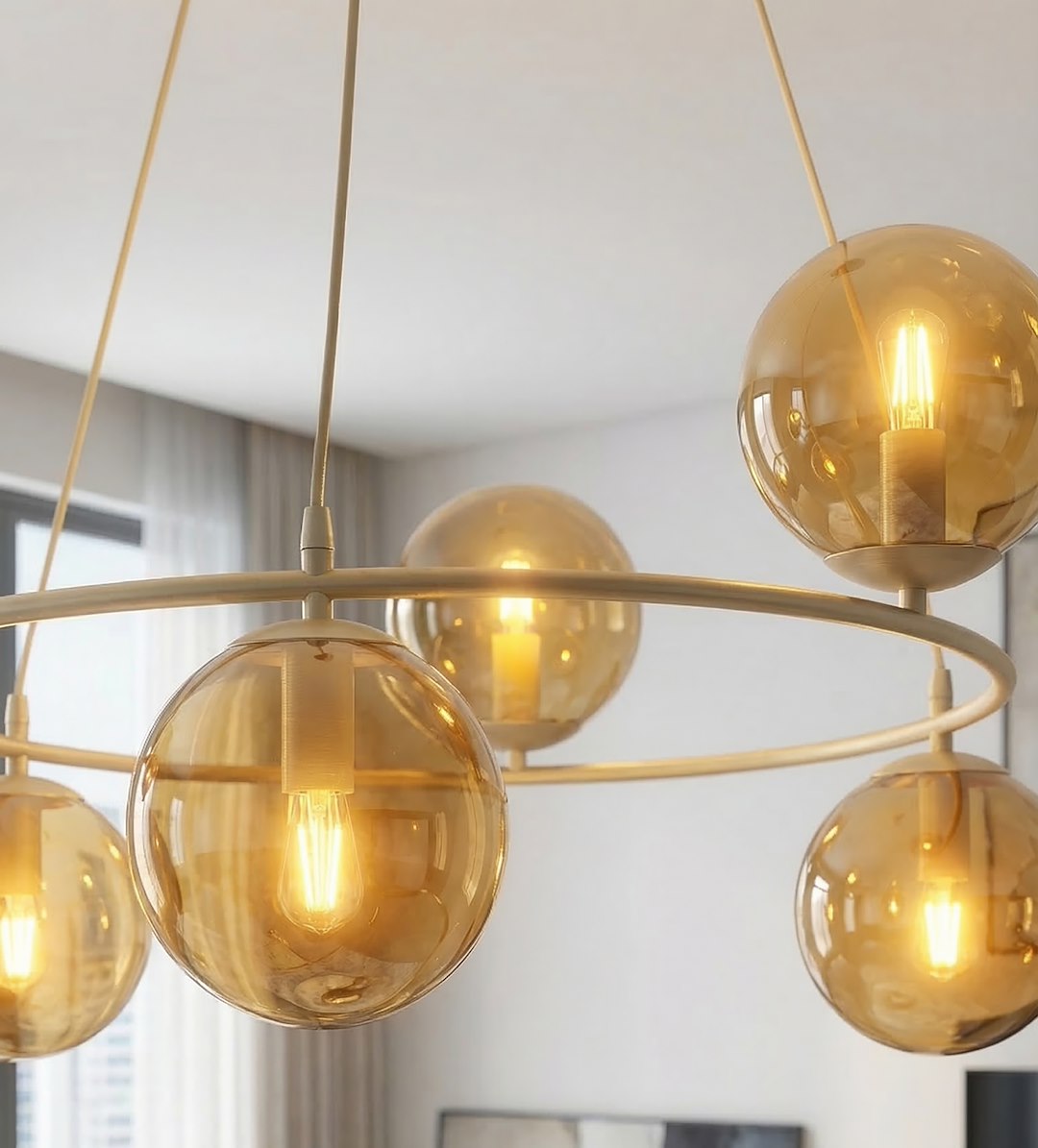 Hanglamp gepoedercoat staal en glas Azura, beige met amberkleurige glazen bollen, 6 lichts, 75 x 75 cm