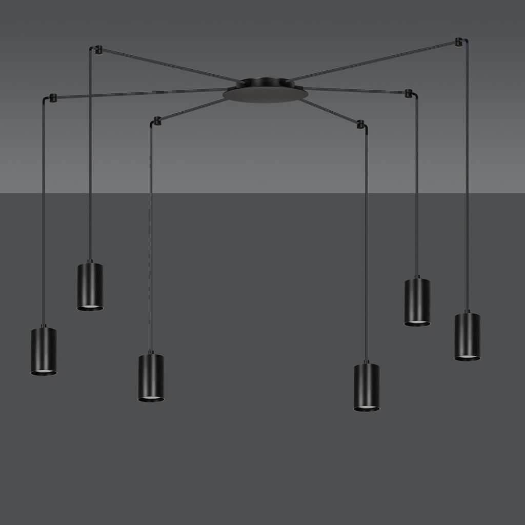 Hanglamp gepoedercoat staal Traker zwart, 6 lichts met GU10-fittingen, verstelbare hoogte, modern