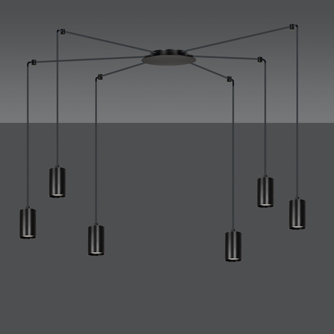 Hanglamp gepoedercoat staal Traker zwart, 6 lichts met GU10-fittingen, verstelbare hoogte, modern