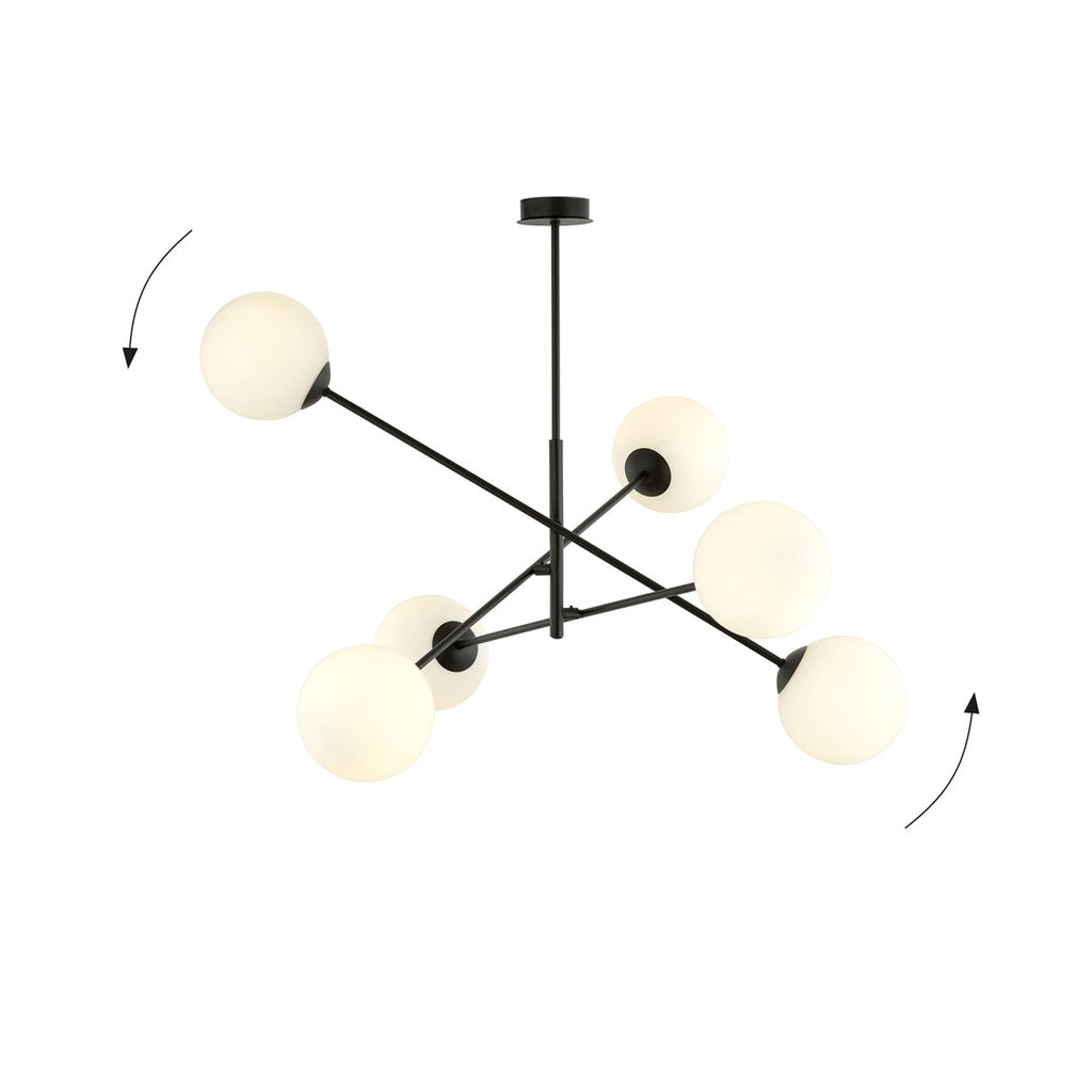 Hanglamp 6 lichts gepoedercoat staal en glas, modern, zwart met wit opaal glas, 102 x 51 cm, eettafel en keuken