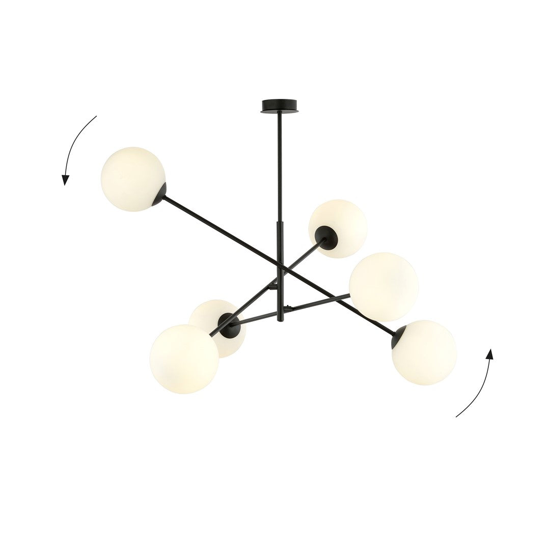 Hanglamp 6 lichts gepoedercoat staal en glas, modern, zwart met wit opaal glas, 102 x 51 cm, eettafel en keuken