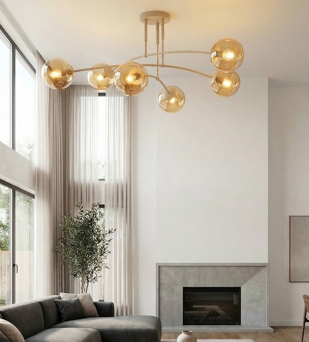 Plafondlamp gepoedercoat staal modern Pregos beige met amberkleurig glas, 6 lichtpunten E14 – 70 x 60 cm