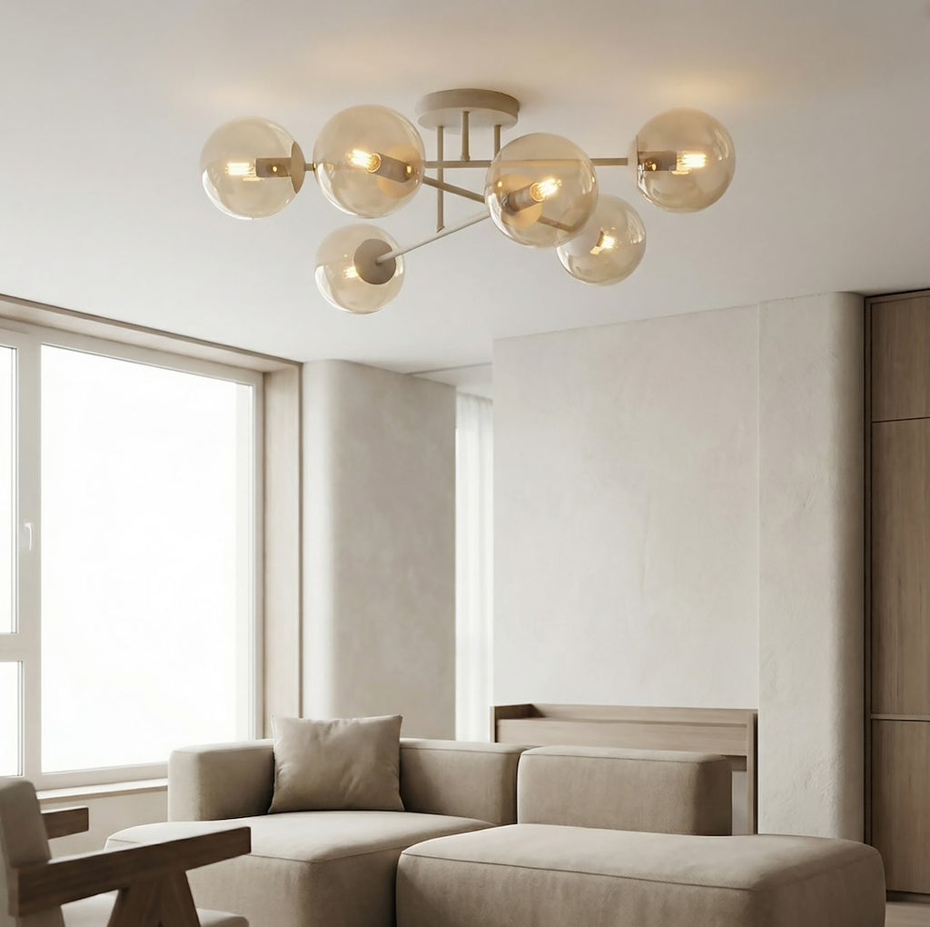 Plafondlamp gepoedercoat staal en glas Roma 6 modern, beige met amber glazen kappen, 6 lichtpunten E14 voor woonkamer