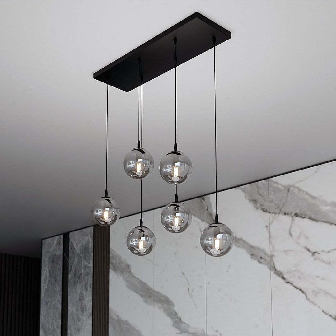 Hanglamp 6 lichts gepoedercoat staal en glas, Cosmo modern, zwart met grafiet kappen, verstelbaar, eettafel
