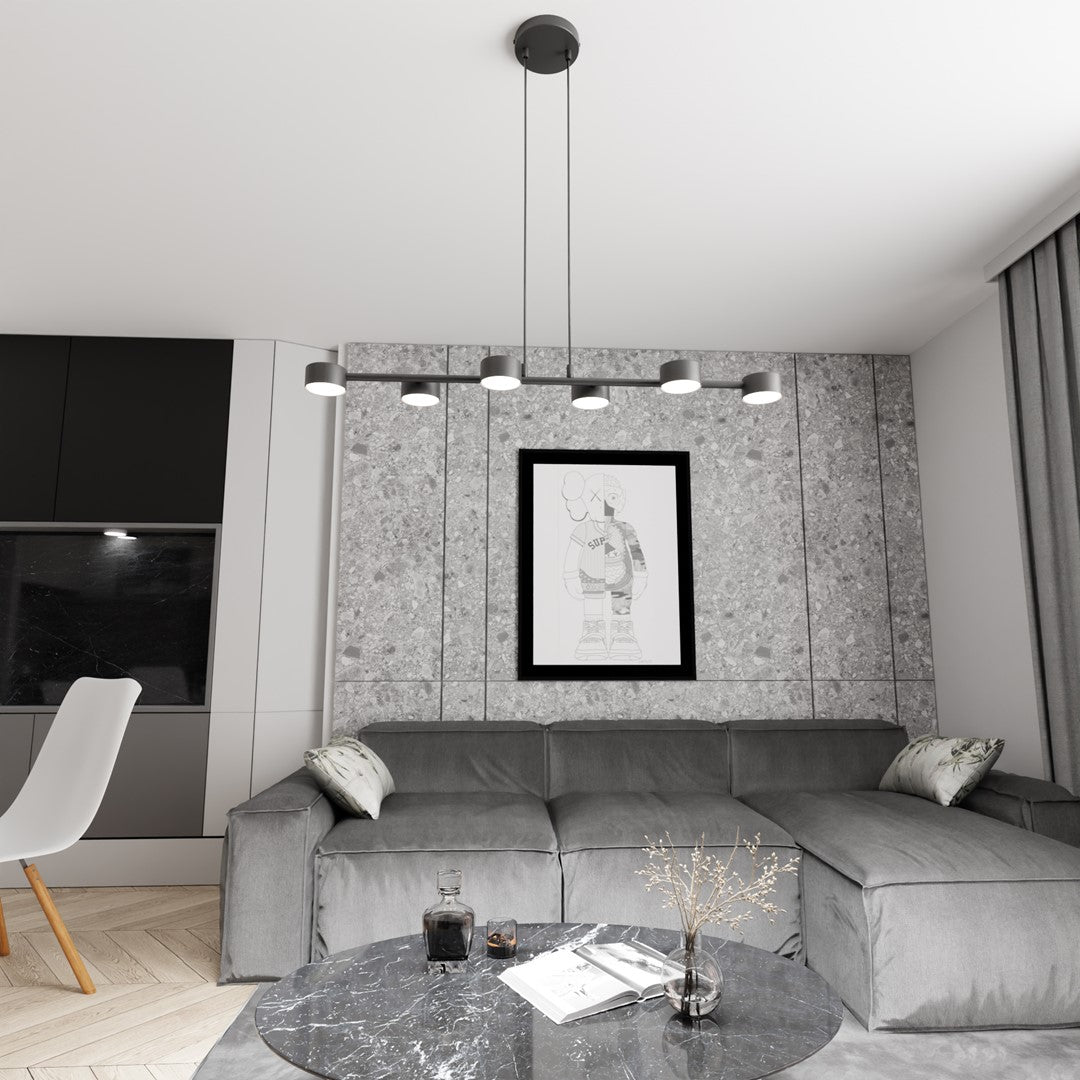 Hanglamp gepoedercoat staal Megara modern zwart 80 x 19 x 140 cm, 6 fittingen, voor eetkamer en woonkamer