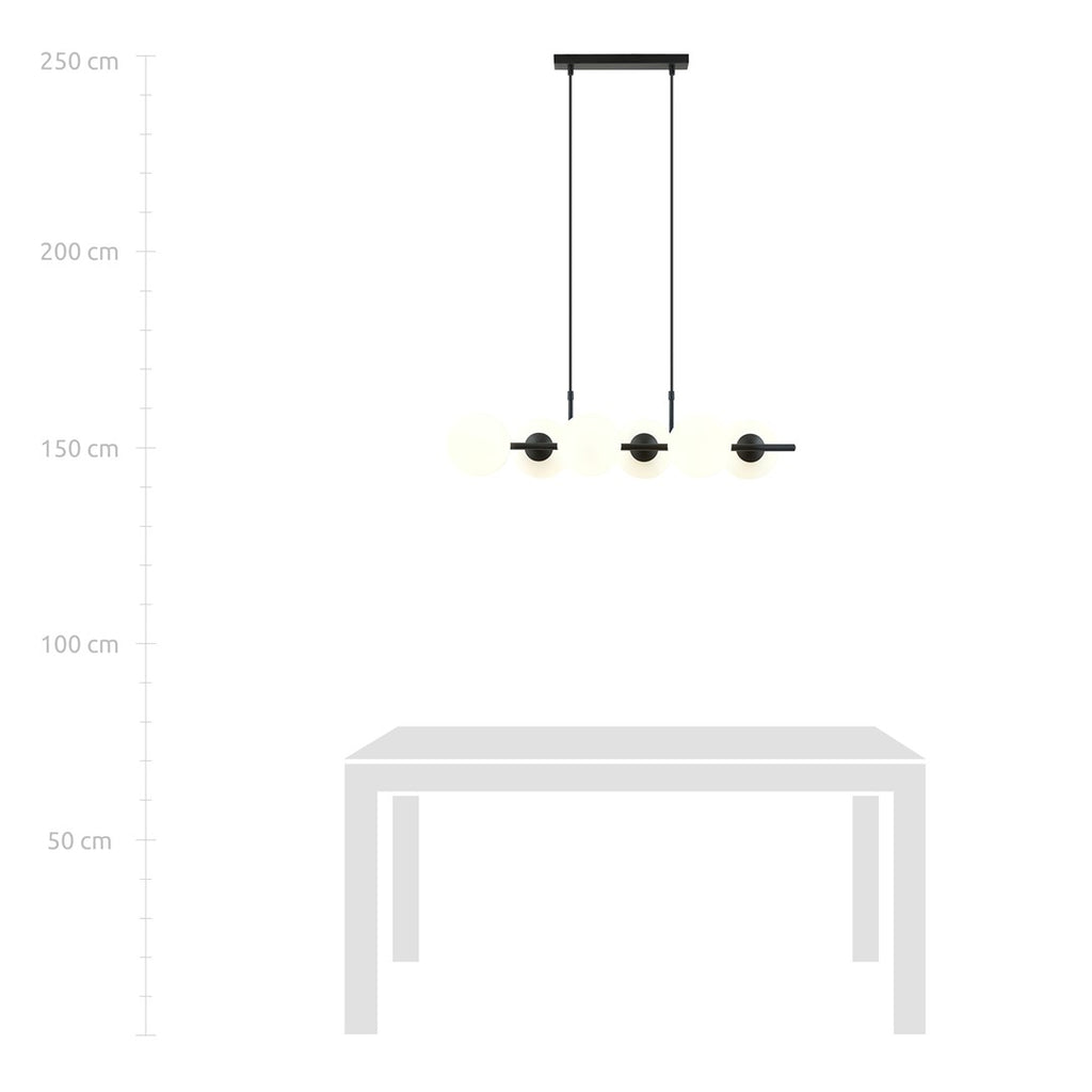 Hanglamp gepoedercoat staal modern Rory 6 zwart met witte glazen kappen, 95 x 110 cm, eettafel en kookeiland