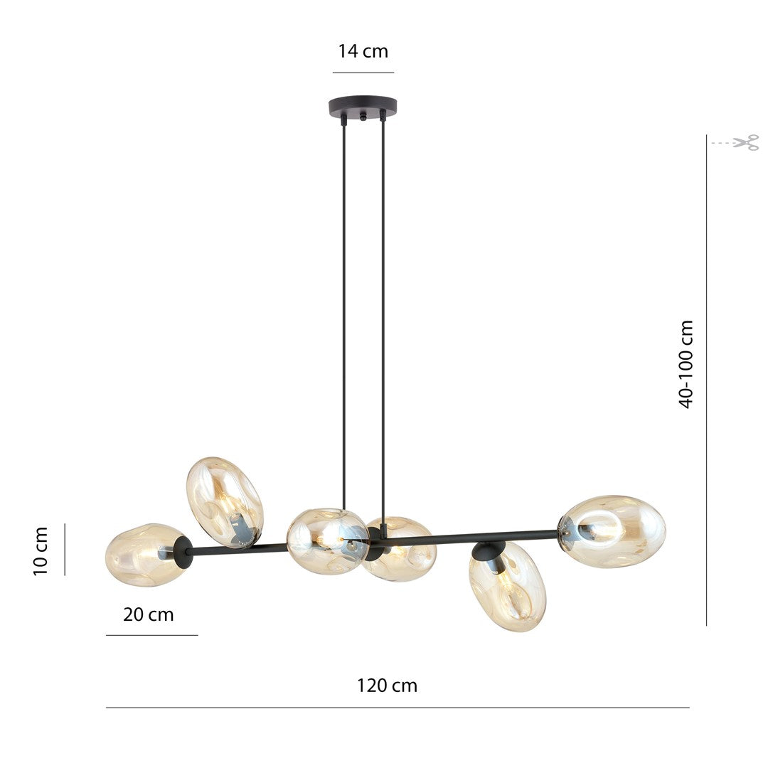 Hanglamp gepoedercoat staal en glas Pandora, zwart met amberkleurige kappen, 6 lichts, 120 x 100 cm