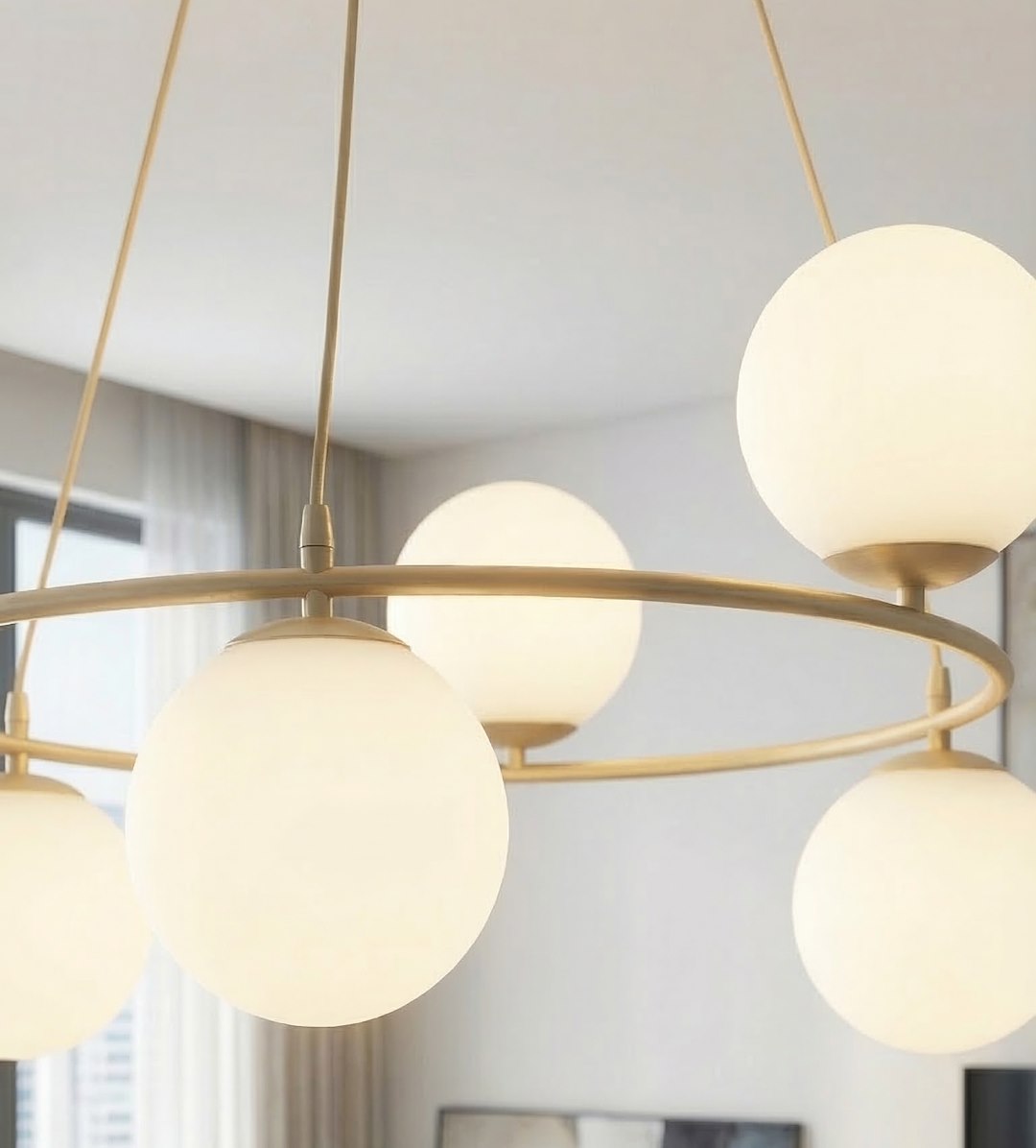 Hanglamp gepoedercoat staal en glas Azura, beige met witte glazen kappen, 6 lichtpunten, Ø 75 cm, glamour