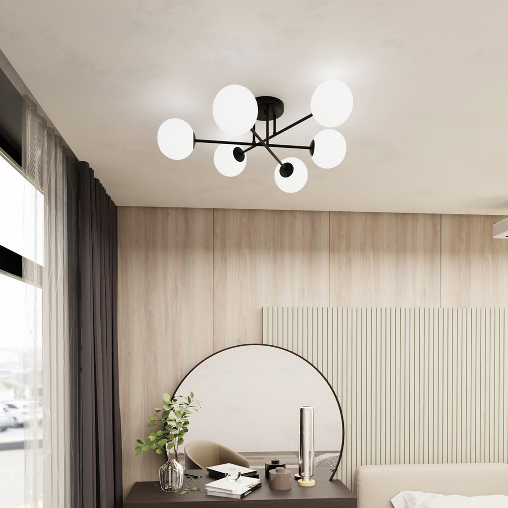 Plafondlamp gepoedercoat staal en glas Roma 6 lichts, zwart met witte glazen kappen, 75 cm breed, E14