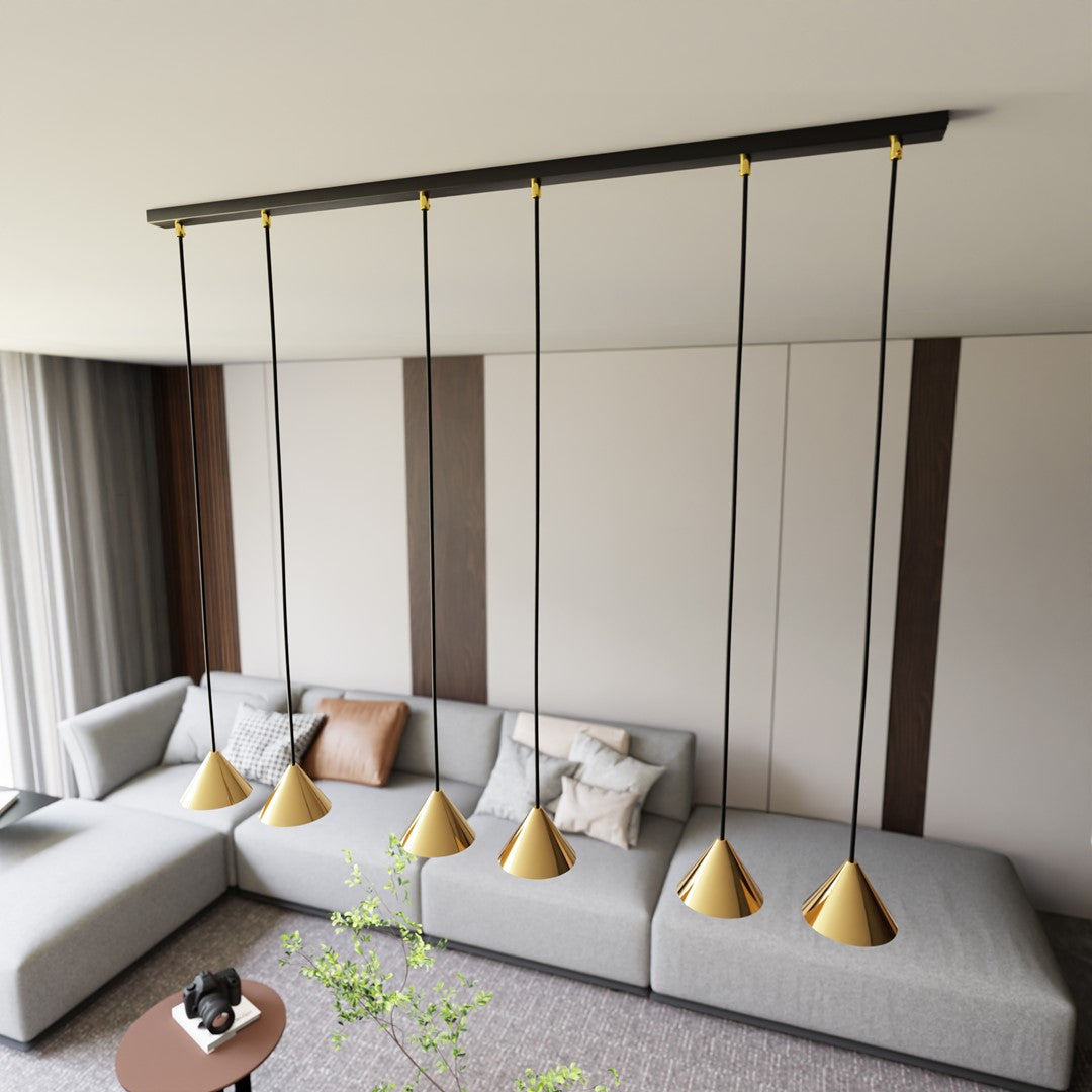 Hanglamp gepoedercoat staal minimalistisch Elit zwart en goud, 6 lichtpunten, 116 cm breed, eettafel